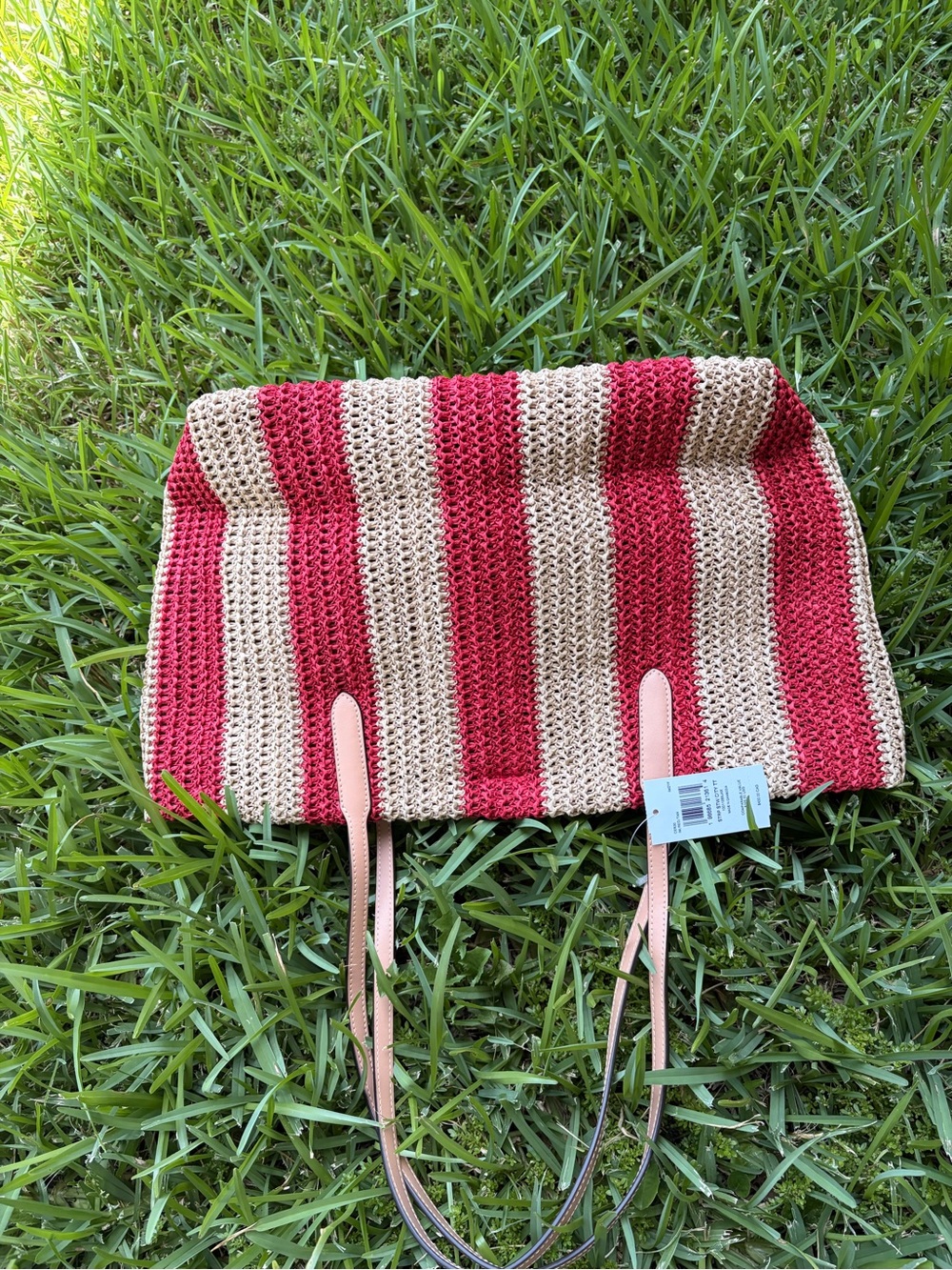 Coach Red and Cream Striped Crochet Tote with Pom-Pom Charm straw city tote new - Picture 7 of 16